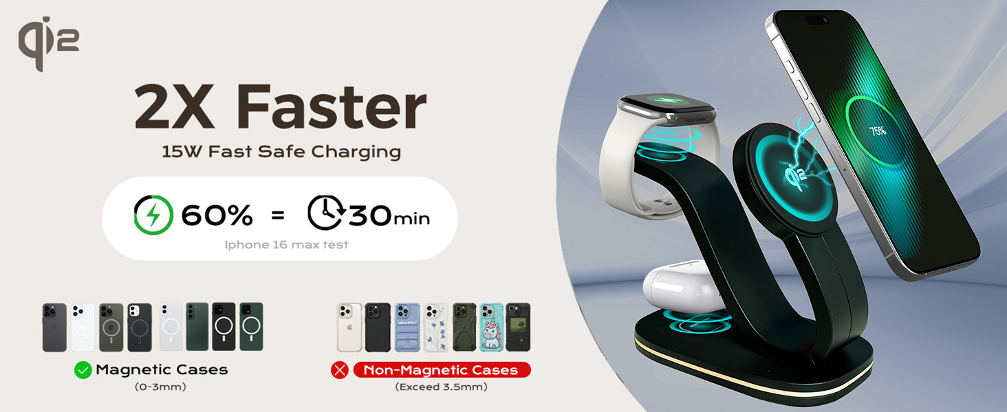 Wireless Charging Station, Qi2 15W 3-in-1 Charger Station for iPhone 17/16/15/14/13/12 Series, Watch Airpods 1-8/Ultra, iPad, AirPods (Black 3 in 1)(图3)