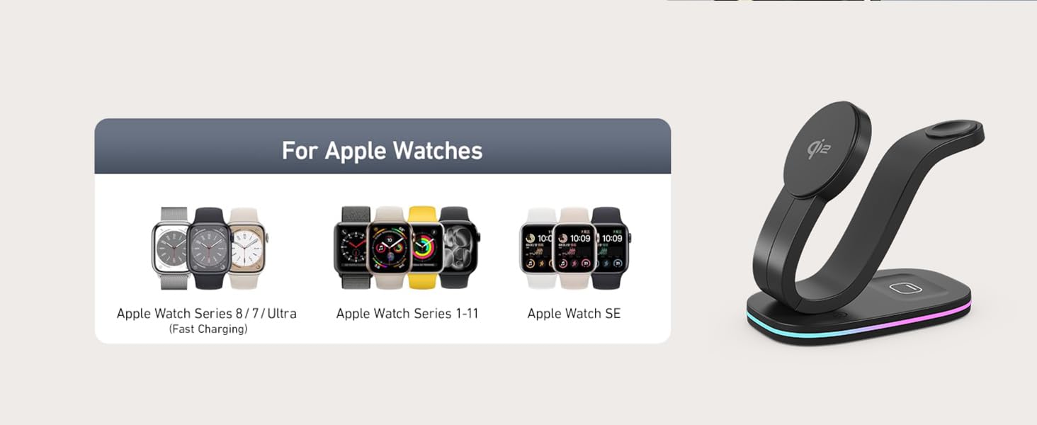 Wireless Charging Station, Qi2 15W 3-in-1 Charger Station for iPhone 17/16/15/14/13/12 Series, Watch Airpods 1-8/Ultra, iPad, AirPods (Black 3 in 1)(图6)