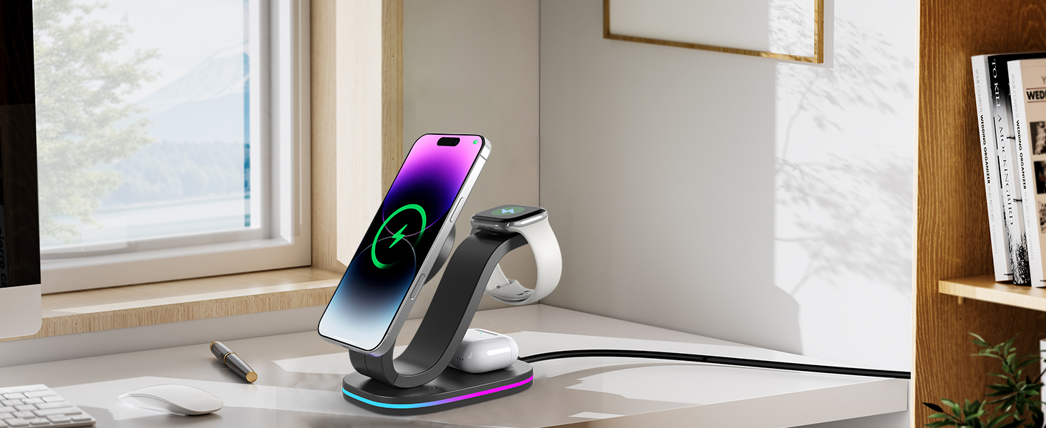 Wireless Charging Station, Qi2 15W 3-in-1 Charger Station for iPhone 17/16/15/14/13/12 Series, Watch Airpods 1-8/Ultra, iPad, AirPods (Black 3 in 1)(图11)